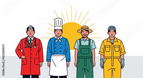 Diverse professionals stand together, representing different occupations against a bright sun.