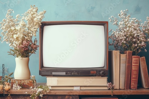 Ultra Quality Picture of Old Retro Tv by Placing Flower Vases on Books