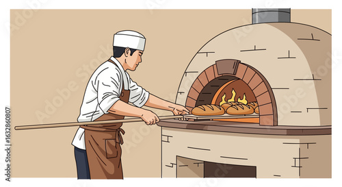 A baker wearing a white hat and apron places loaves of bread into a brick oven.