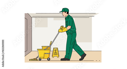 A worker in uniform mops a floor in a building, using a mop bucket and cleaning supplies.