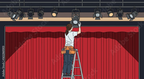A woman technician adjusts a stage light fixture on a ladder, preparing for a performance.