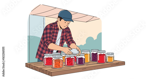 Young man arranging jars of homemade preserves at a market stall.