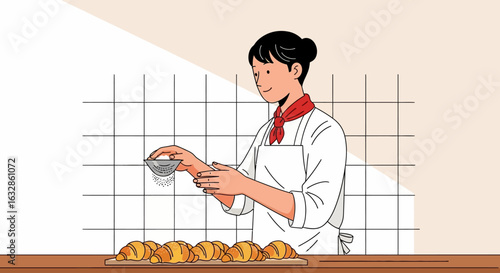 Baker delicately sifting powdered sugar over freshly baked croissants.