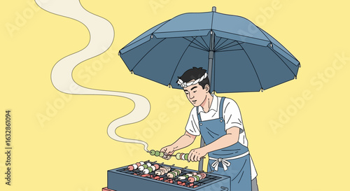 A Japanese street food vendor cooks skewers on a grill under a large blue umbrella.