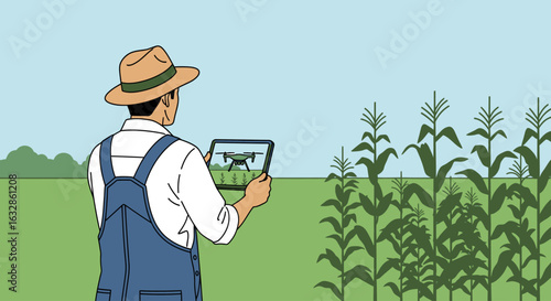 Farmer in a field uses a tablet to view a drone flying over a corn crop, illustrating modern agricultural technology.