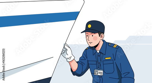 A uniformed maritime official wearing white gloves meticulously inspects the hull of a white boat.