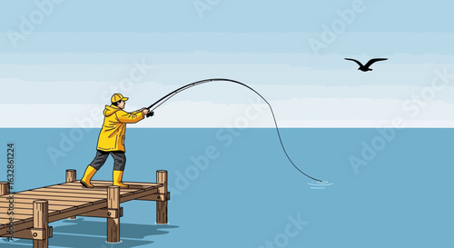 An illustration of a person in a yellow raincoat casting a fishing line from a wooden pier over calm blue water, with a bird flying nearby.