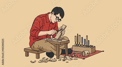 A dedicated woodcarver meticulously shaping a piece of timber with hand tools, surrounded by wood shavings.