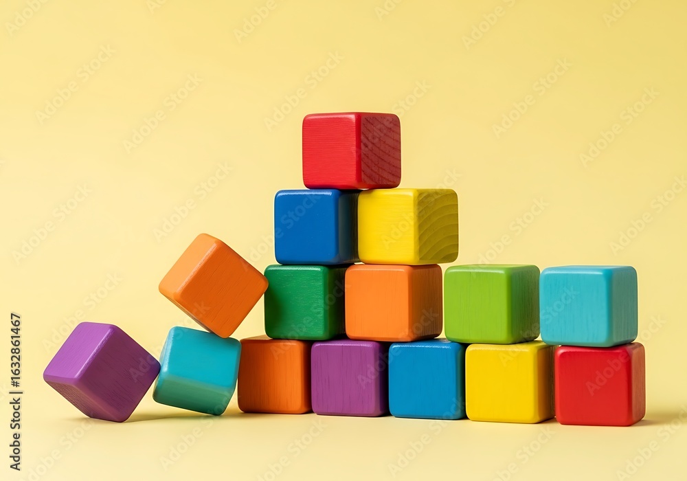 Fototapeta premium Pyramid of vibrant wooden toy blocks creating a playful learning construction scene against yellow