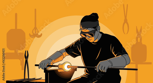 A glassblower meticulously shaping molten glass with tools, creating a glowing object in a workshop.