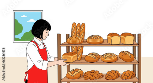 A baker in a red apron arranging various types of fresh bread on wooden shelves.