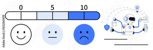 Horizontal satisfaction rating bar from 0 to 10, happy face reactions from happy to sad, robot analyzing customer feedback. Ideal for customer feedback, satisfaction rating, AI analytics, service