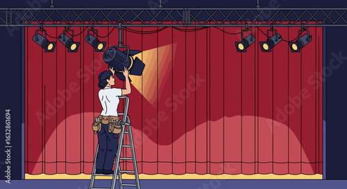 A woman stage technician adjusts a spotlight on a stage, preparing for a performance.