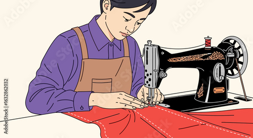 An illustration of a person carefully sewing red fabric with a vintage black sewing machine.