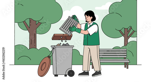 Park worker diligently sorts and disposes of trash into a recycling bin.