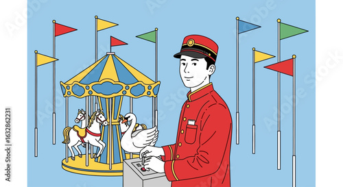 Carousel operator in red uniform controls a whimsical merry-go-round with horses and swans.