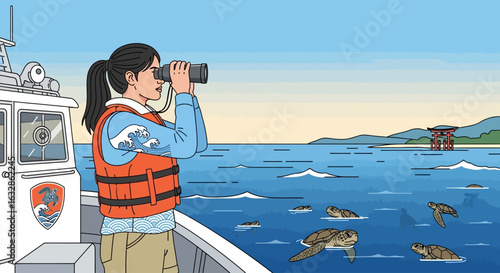 Marine biologist on a boat surveys sea turtles near a Japanese shrine.