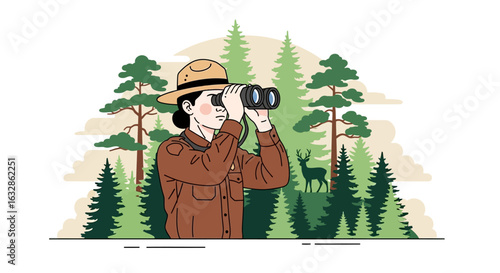 Forest ranger using binoculars to observe wildlife in a tranquil forest setting.