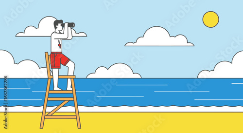 A lifeguard stands on a tall chair on a sunny beach, scanning the vast ocean with binoculars.