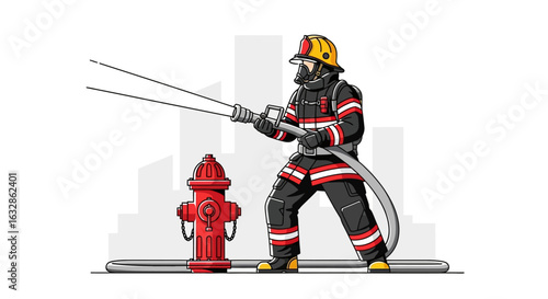 Firefighter in action, aiming a fire hose at a fire hydrant, illustration.
