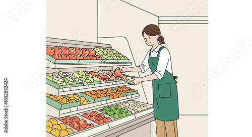 A female grocery store employee wearing a green apron arranges fresh produce on refrigerated shelves.