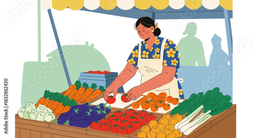 A female vendor arranges fresh tomatoes and vegetables at a colorful outdoor farmer's market stall.