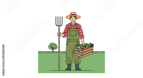 A farmer in overalls and a straw hat holds a pitchfork and a crate of freshly harvested vegetables.