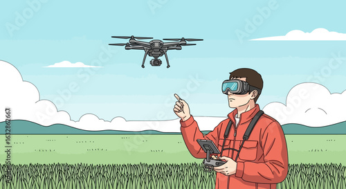 A man wearing VR goggles operates a drone remotely in a vast green field under a partly cloudy sky, showcasing modern technology in outdoor environments.