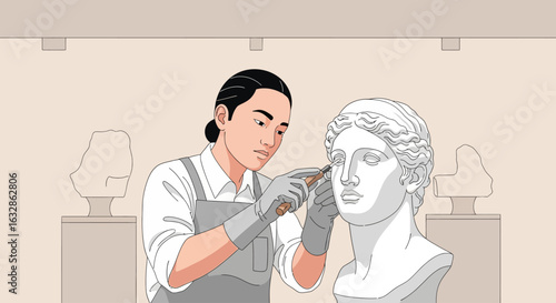 A focused artist in an apron and gloves refines the eye of a Greco-Roman style bust.