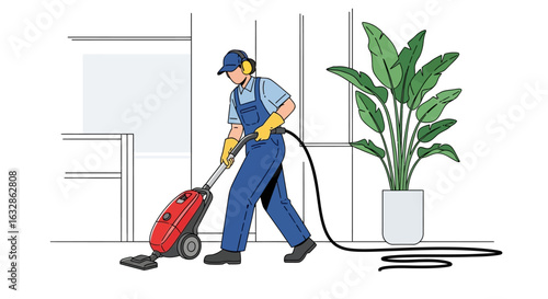 A professional cleaner in a blue uniform and protective gear vacuums the floor of a modern interior.