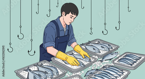 A fishmonger in an apron and yellow gloves carefully arranges fresh fish on trays of ice, with large fishing hooks hanging in the background.