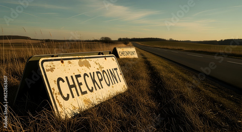 Rural Roadside Checks Point Signs Against A Distant Horizon Under Sunset Sky