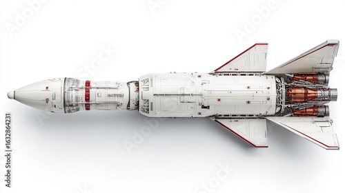 Fototapeta Naklejka Na Ścianę i Meble -  Detailed top-down view of a futuristic white spacecraft with advanced paneling and four powerful engines on a white background