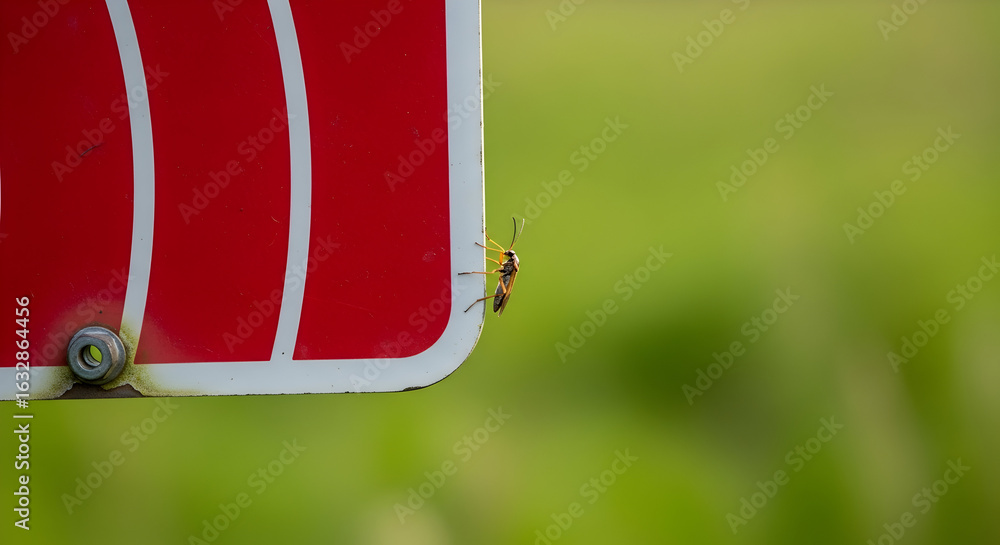 Obraz premium Small Insect Resting On A Bright Red And White Sign In Green Meadow