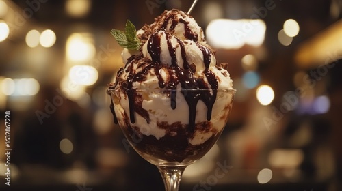 Delicious ice cream sundae drizzled with dark chocolate in a glass