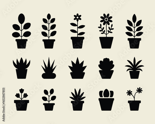 Silhouette potted plant icon set, black vector collection of various indoor houseplants and succulents for botanical design projects


