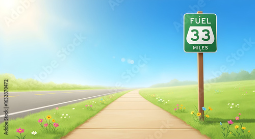 Scenic Road Trip Ahead With Fuel Sign Under Clear Blue Skies