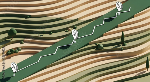 Scenic Route Through Terraced Landscape With Location Markers And Zigzagging Path