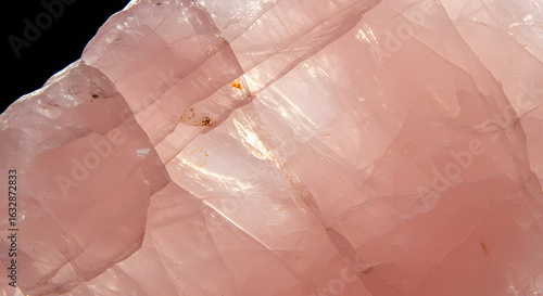 Close up of a rose quartz showing delicate fractures and internal structure, soft pink hue.