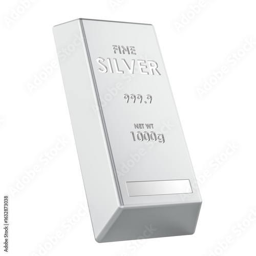 Fine silver bar, 1000g bullion 999.9 purity. 3D rendering