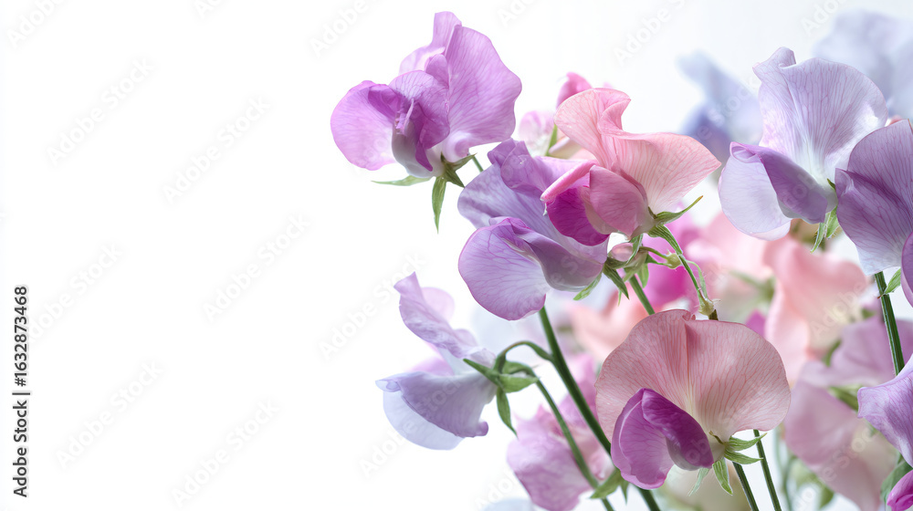Fototapeta premium Delicate sweet pea flowers in soft pastel colors on white background