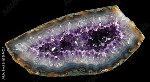 Amethyst geode slice showcases vibrant purple crystals with a banded agate border on dark backdrop.