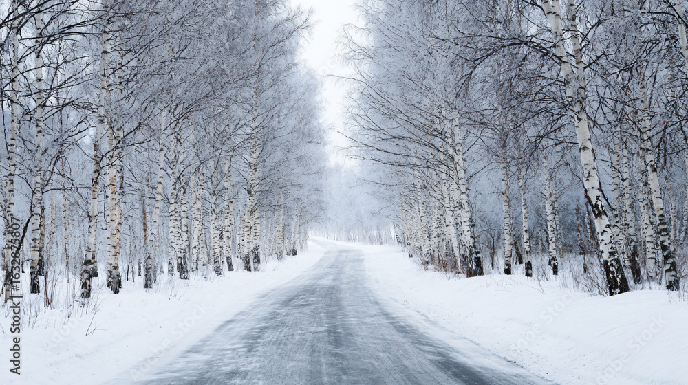 Fototapeta premium Serene winter birch forest with icy curving road and snow-covered landscape under overcast sky