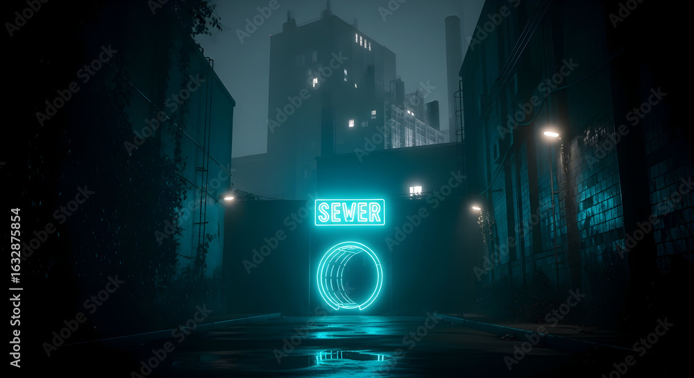 Naklejka premium Urban Nightscape Sewer Entrance Glows With Cyberpunk Style Futuristic Light