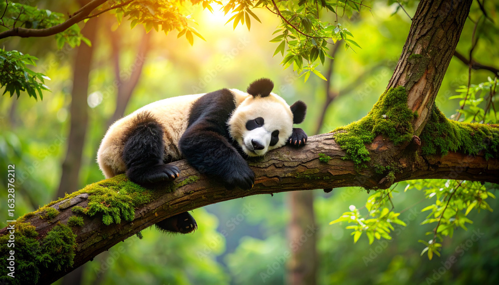Obraz premium Adorable Panda Asleep in a Tree