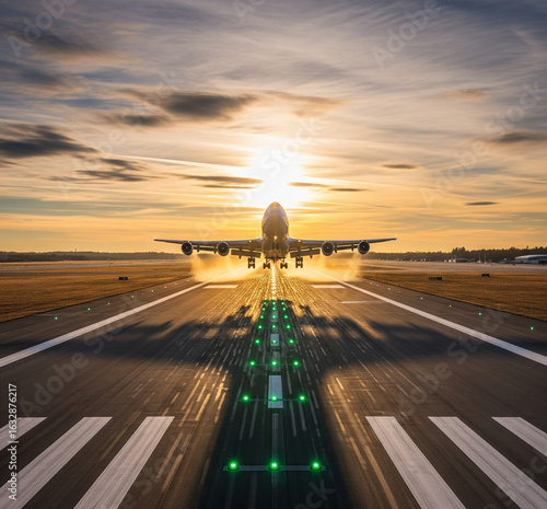 airplane landing at sunrise looks amazing for commercial use and editorial use 