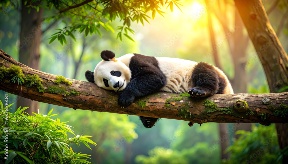 Obraz premium Tranquil Forest Scene with Resting Panda on Thick Branch