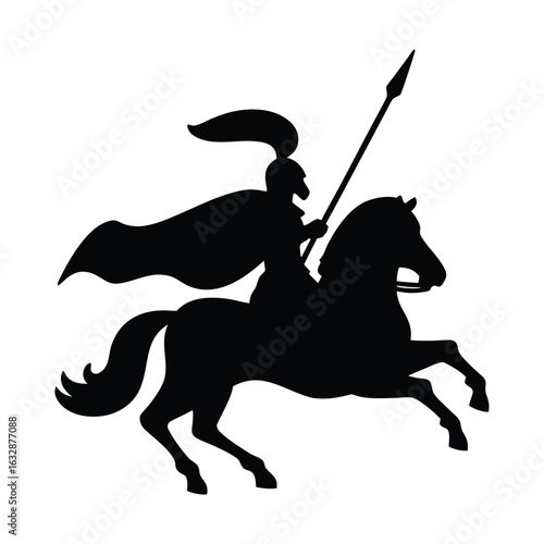 Black silhouette illustration of a warrior riding horse with spear vector art design element