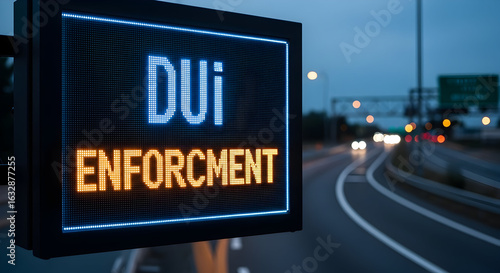 Warning Sign Indicates Stricter Enforcement Against Drunk Driving At Night Near Highway