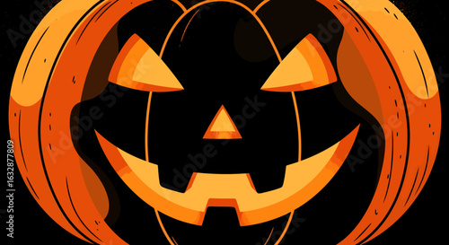 Spooky Halloween Jack-o'-lantern illustration with a classic carved smiling face glowing on a dark background.